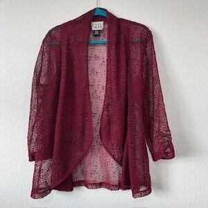 Keren Hart Women Burgundy‎ Mesh Knit Open Front Duster Cardigan Size L